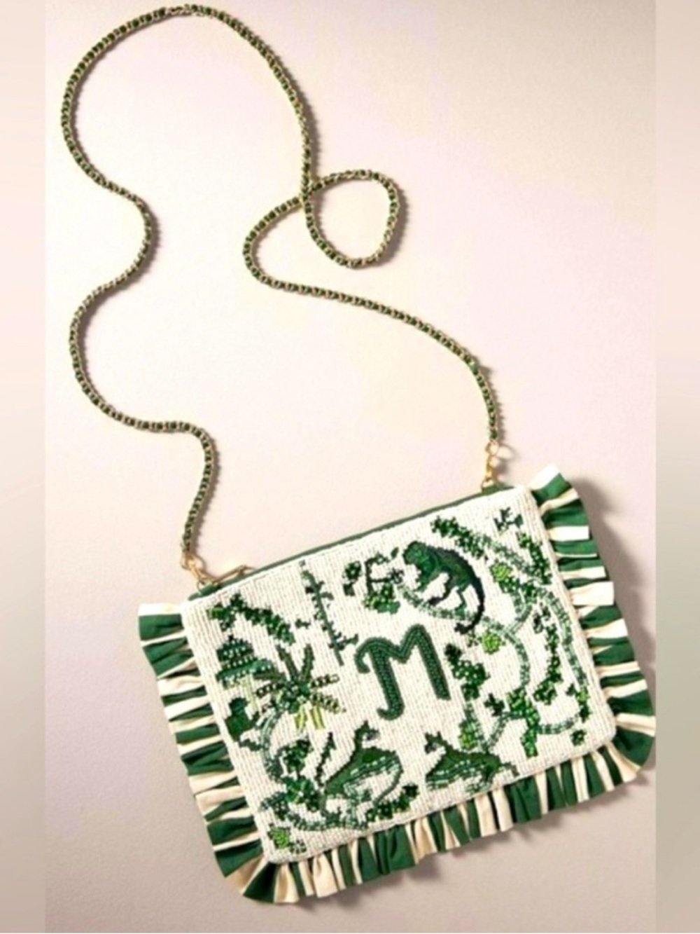 Anthropologie Green and Cream Beaded Monogram Crossbody